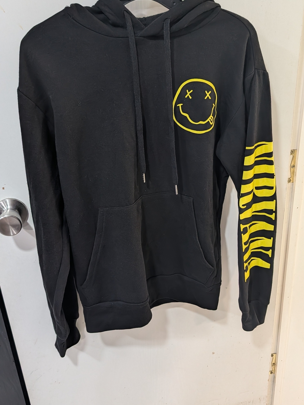 NIRVANA Black Hoodie with Yellow Smiley and Sleeve Logo